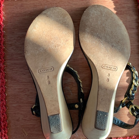 Coach Black and Gold Chain T-Strap Sandals - Picture 7 of 9